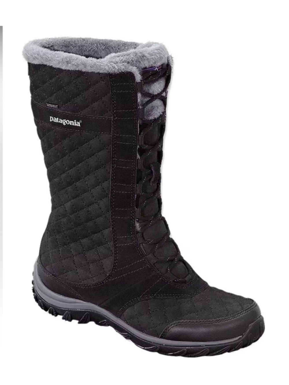 Patagonia Black Wintertide Lace-Up Winter Quilted Boot with Gray Faux-Fur Trim